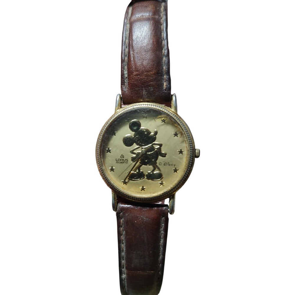 Mickey Disney Watch Lady Stars Gold Tone New Battery Works Brown Band Vintage